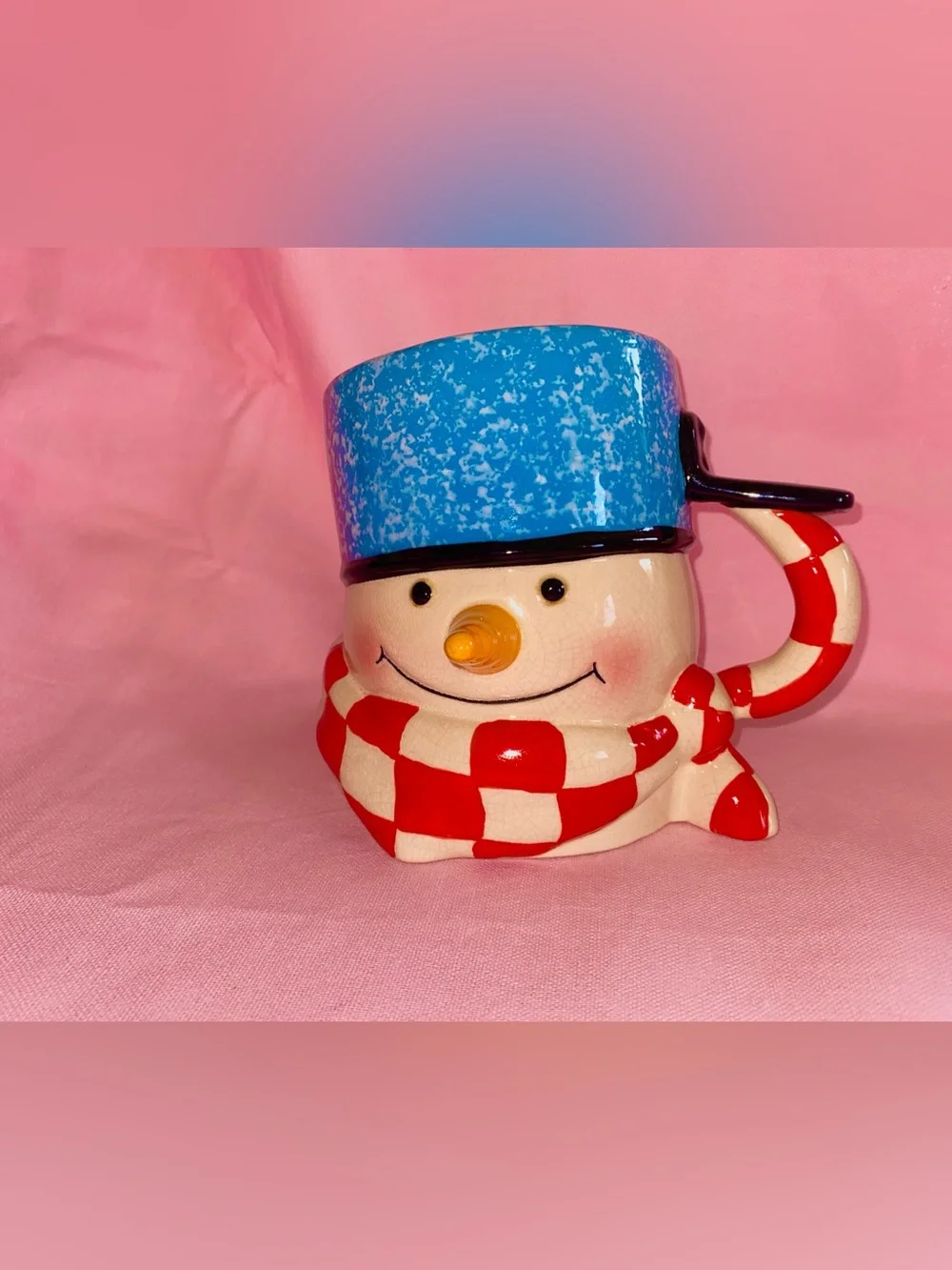 Mitford Hallmark & Jan Karon Snowman Mug Checkerboard Red Blue Hat Christmas Cup